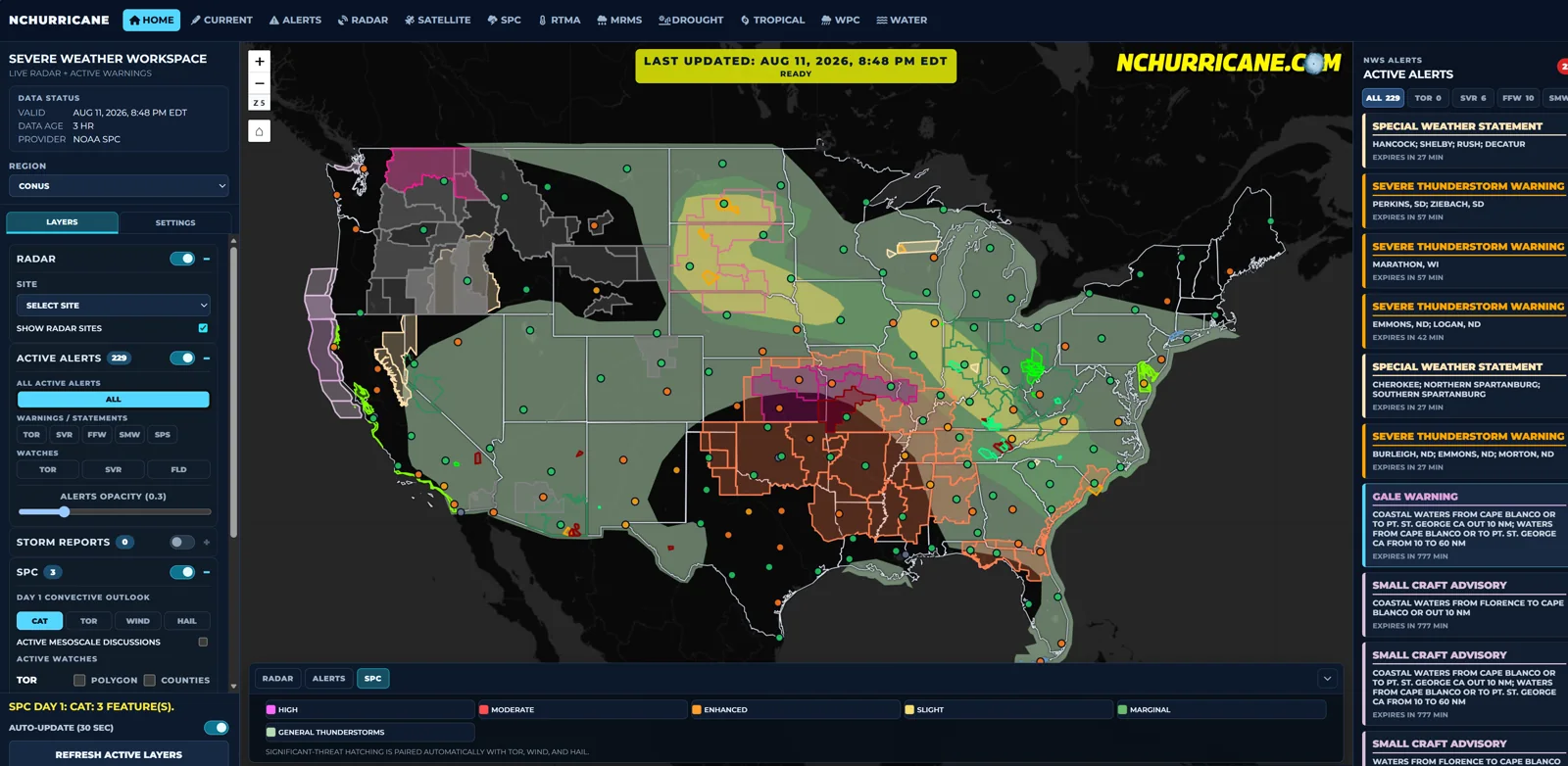 Real-Time Weather Dashboard showing national alerts and severe-weather outlook layers