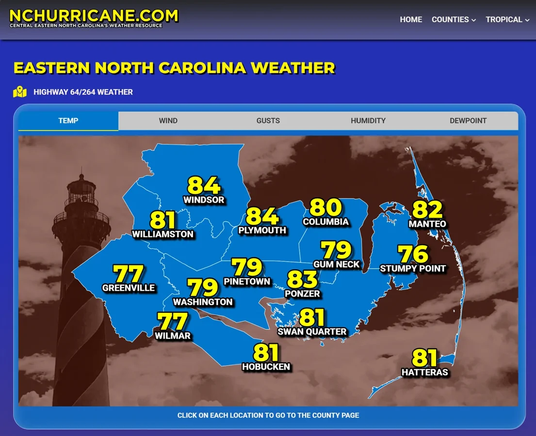 NCHurricane homepage with an interactive eastern North Carolina conditions map