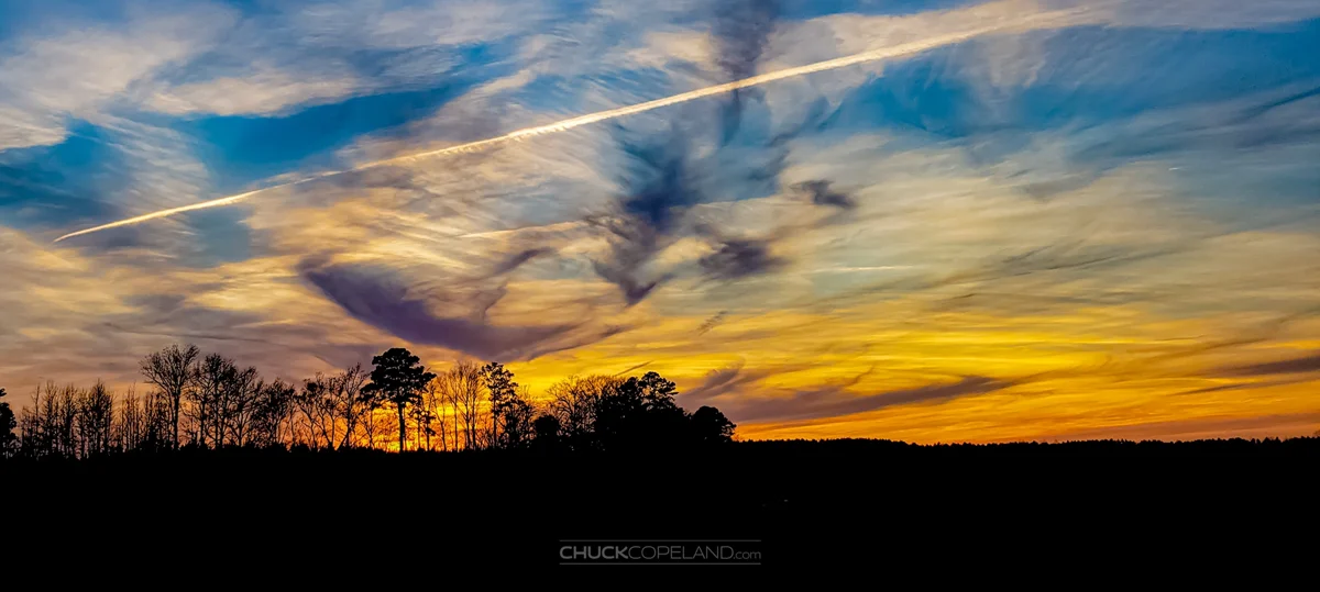 Brilliant orange, yellow, and blue sunset above a dark tree line